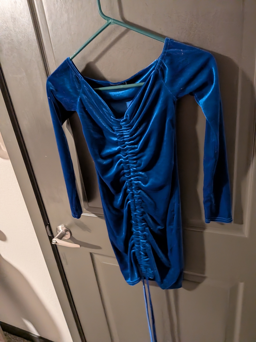 PrettyLittleThing Off-Shoulder Ruched Velvet Mini Dress in Blue